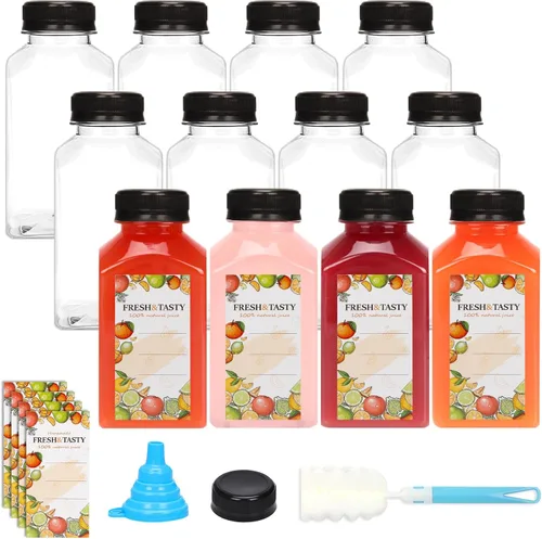 Vista 29 de TOMNK 12 botellas de plástico de 2 onzas con tapas, recipientes reutilizables transparentes a granel para bebidas de jengibre shot, jugo, leche