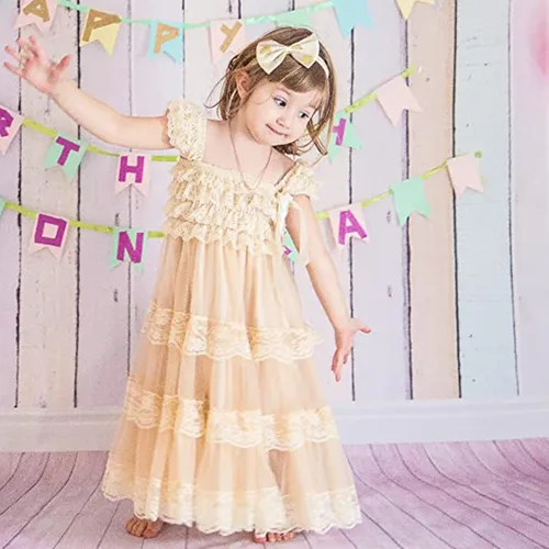 Vista 3 de Ever Fairy Vestido rústico de arpillera para niña de encaje con flores y flores para niñas