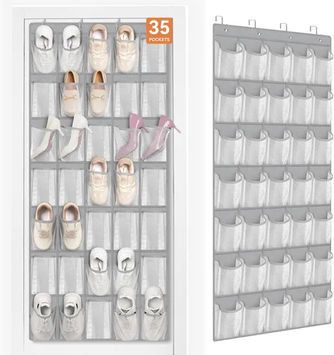 Vista 10 de FENTEC Organizador de zapatos para colgar sobre la puerta, 24 bolsillos, organizador de zapatos colgante para closet, de malla de bolsillo grande