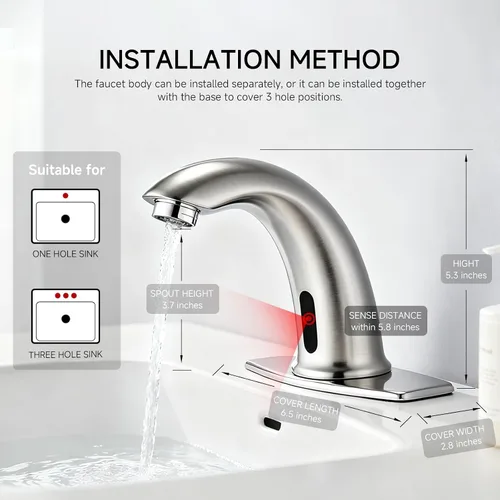 Vista 4 de Grifo automático para lavabo de baño con sensor de movimiento sin contacto Brushed Nickel Finish, Touchless Infrared Sensor, Water-Saving, Battery