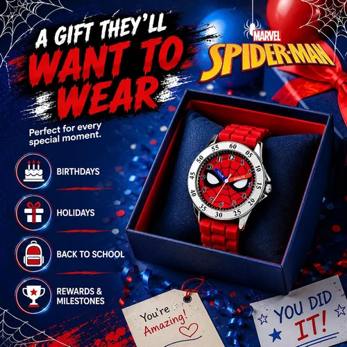 Vista 7 de Spiderman Time Teacher - Reloj para niños, correa de silicona roja, esfera fácil de leer, resistente al agua, con lata especial