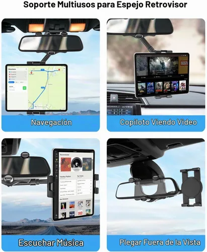 Vista 3 de Soporte para tableta de espejo retrovisor para automóvil, soporte para tableta de automóvil, clip universal giratorio de 360°, para iPad Pro Air