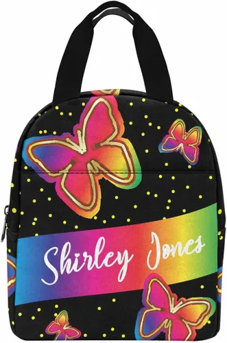 Vista 14 de InterestPrint Bolsa de almuerzo con nombre personalizado para hombres y mujeres, diseño de mariposa rosa y azul personalizada, caja de almuerzo