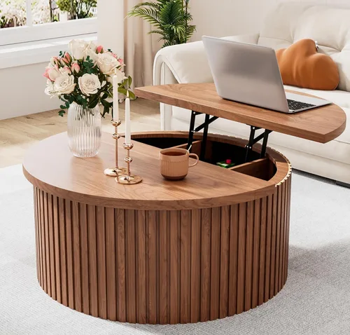 Vista 9 de Fsbecl Mesa de Centro de Tapa Elevable Acanalada con Almacenamiento Oculto, Mesa de Centro Redonda de 31.6 Pulgadas para Sala de Estar, Mesas Negro