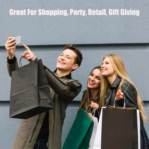 Vista 4 de 50 bolsas de regalo grandes negras a granel, 10 x 5 x 13 pulgadas, bolsas de regalo de papel kraft con asas para recuerdos de fiesta, boda