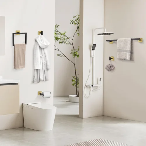 Vista 7 de YACVCL Juego de Barra de Toallas, Juego de 5 Piezas de Accesorios de Baño Negro y Dorado, Juego de Accesorios de Baño Negro y Dorado, Soporte
