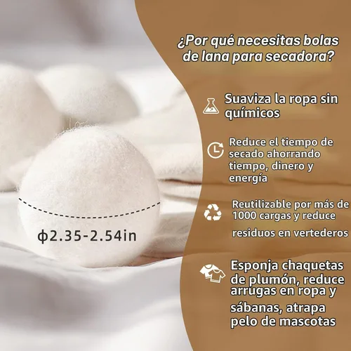 Vista 6 de Bolas de lana para secadora XL, paquete de 6, bolas de secado reutilizables para ropa sucia que reducen las arrugas de la ropa, secan la ropa más
