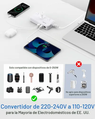 Vista 3 de BESTEK Convertidor de voltaje de 220 V a 110 V, convertidor de EE. UU. a Europa con 4 USB, convertidor de corriente de 250 W para viajes europeos