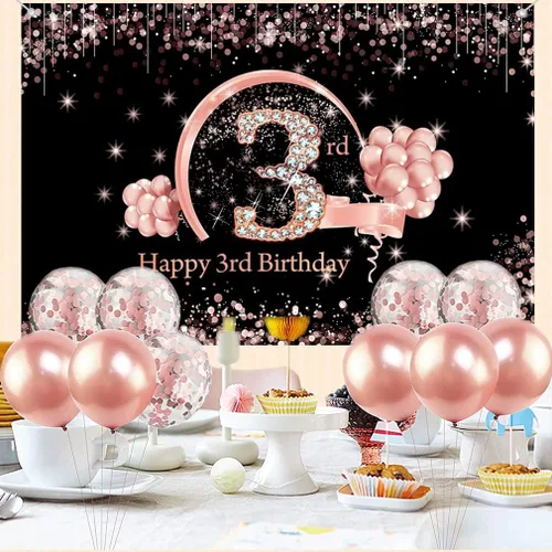 Vista 4 de Cartel de tela para decoración de cumpleaños de 3 años para niñas de 3 años, cartel de tela para cumpleaños de niña, fondo fotográfico negro y rosa