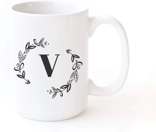Vista 25 de The Cotton & Canvas Co. Botánico personalizado monograma inicial letra A taza de café porcelana cerámica taza de café para ella, para él