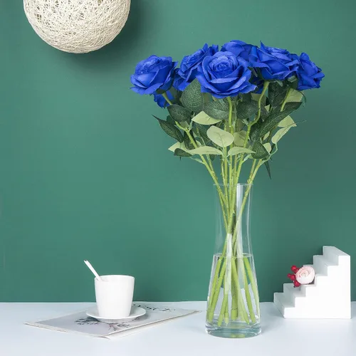 Vista 5 de 10 ramos de rosas artificiales de seda de color azul real, de un solo tallo largo, de terciopelo de tacto real, para decoración del hogar, oficina