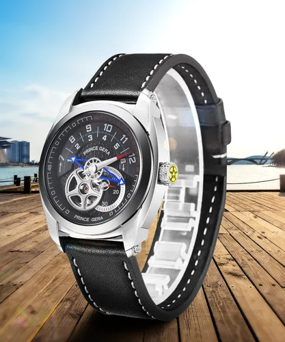 Vista 3 de Prince Gera Hombre piel automática relojes Negro de Brown Única Esqueleto impermeable reloj Casual lumious