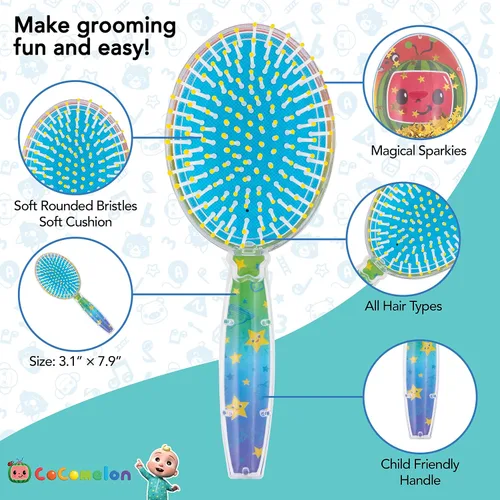 Vista 3 de CoComelon - Cepillo de pelo con estrellas mágicas brillantes y confeti, color verde, cepillo de pelo para niños a partir de 3 años