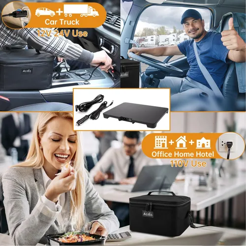 Vista 4 de Aotto Calentador y calentador de alimentos portátil para horno, lonchera eléctrica calentada negra y azul
