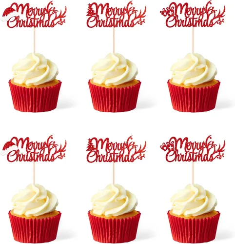 Vista 6 de Gexolenu 24 piezas de adornos de Navidad para cupcakes Oh Baby, con purpurina de doble cara, para sombrero de Papá Noel rojo para Navidad, baby