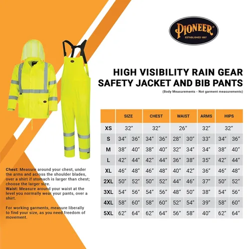Vista 6 de Pioneer Equipo de lluvia de alta visibilidad Chaqueta de seguridad y pantalones con peto – Alta visibilidad, impermeable, traje de trabajo de PVC