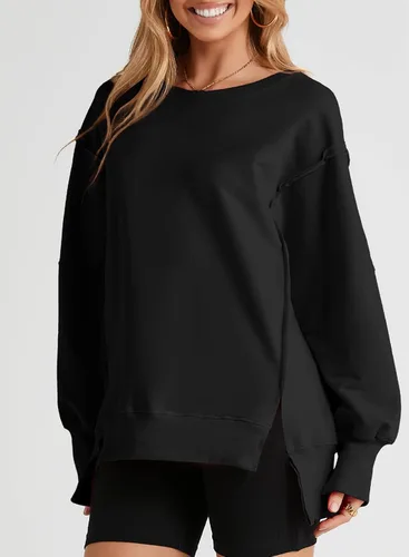Vista 8 de SHEWIN Sudadera casual de gran tamaño de manga larga con costuras inversas y cuello redondo para mujer Un negro