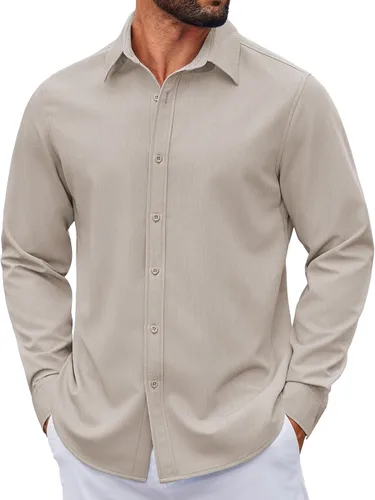 Vista 8 de COOFANDY Camisa de vestir casual de mezclilla con botones y manga larga para hombre