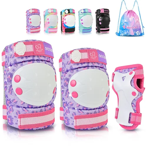 Vista 10 de NEMONE Rodilleras para niños, coderas, coderas, muñequeras con bolsa de cordón, juego de equipo de protección reflectante ajustable para patinetes