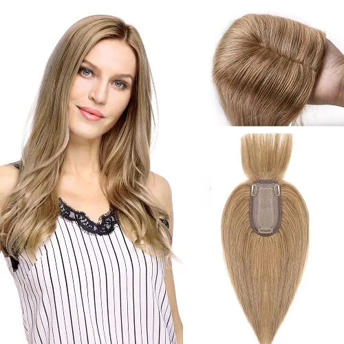 Vista 17 de MY-LADY Top Hairpieces para mujer con flequillo, base mono natural, 100% cabello humano real, clip en pieza de cabello lacio en medio para pérdida