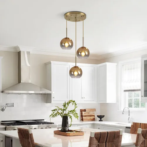 Vista 6 de KCO Iluminación - Lámpara colgante de 3 luces con globos en grupo, candelabro de cristal moderno, lámpara colgante de cristal dorado de 3 luces
