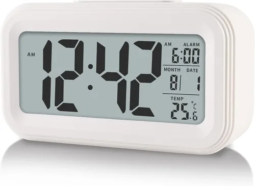 Vista 6 de Reloj despertador digital con temperatura interior, funciona con pilas, modelo con función de repetición, pantalla de 12/24H para dormitorios