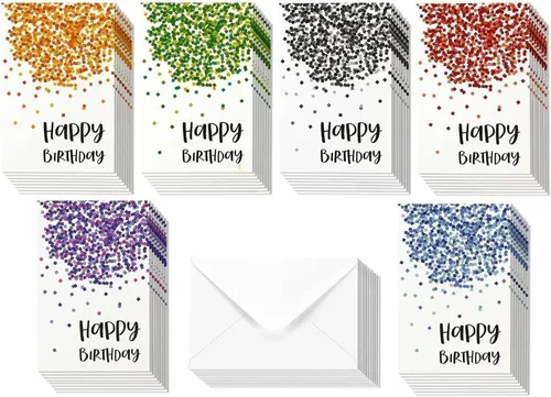 Vista 3 de Tarjetas de felicitación de cumpleaños, 4 x 6 pulgadas, paquete de 48, diseño de confeti multicolor, interior en blanco con sobres para fiestas