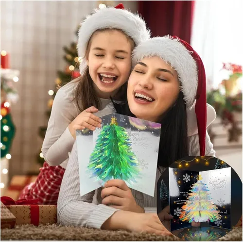 Vista 4 de Tarjeta desplegable 3D única de árbol de Navidad, tarjeta de felicitación con purpurina para árbol de Navidad, tarjeta tridimensional de cristal