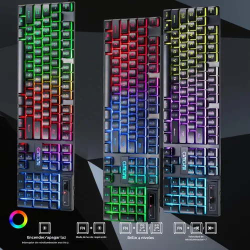 Vista 4 de CHONCHOW Combo de teclado y mouse inalámbricos USB para juegos, teclado ergonómico con retroiluminación LED, batería recargable de 2500 mAh