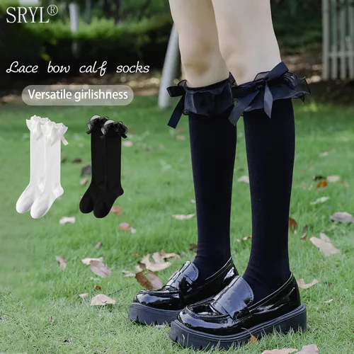 Vista 4 de SRYL Calcetines altos de algodón para mujer y niña con encaje con volantes, calcetines de pantorrilla, estilo lazo..