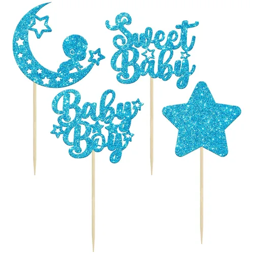 Vista 3 de Gyufise 24 piezas de adornos azules para cupcakes para bebé, con purpurina azul, estrellas, luna, dulce baby shower, niño, cupcakes para baby