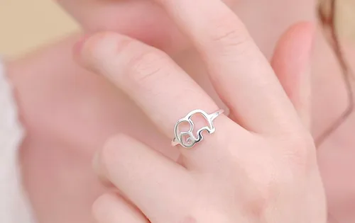 Vista 6 de Anillo de plata de ley 925 con elefante y animal de la suerte, regalo de dama de honor