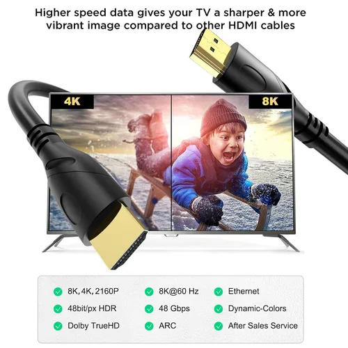 Vista 2 de Cable HDMI 8K de 1 m (HDMI 2.1, 8k@60hz, 48 Gbps & 4k@120hz, 18 Gbps) Conectores chapados en oro de ultra alta velocidad, retorno de audio por