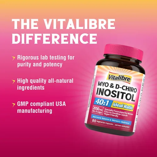 Vista 7 de Vitalibre Suplemento de inositol, Myo-Inositol y D-Chiro Inositol Suplementos para Mujeres, Proporción Ideal 40:1, Equilibrio Hormonal y Bienestar