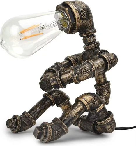 Vista 5 de Lámpara de mesa Steampunk, lámpara de mesa de robot industrial vintage, lámpara de mesa de tubería de agua, luz de escritorio estilo robot