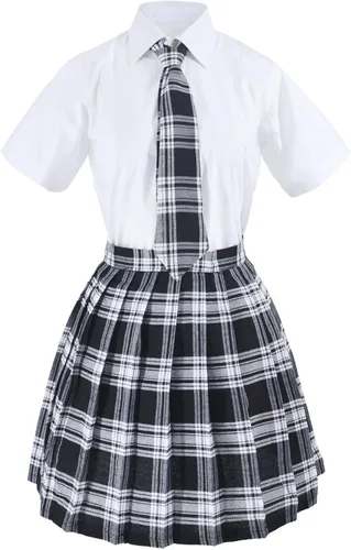 Vista 2 de Uniforme escolar japonés de tartán plisado para cosplay disfraz con calcetines gafas marco conjunto