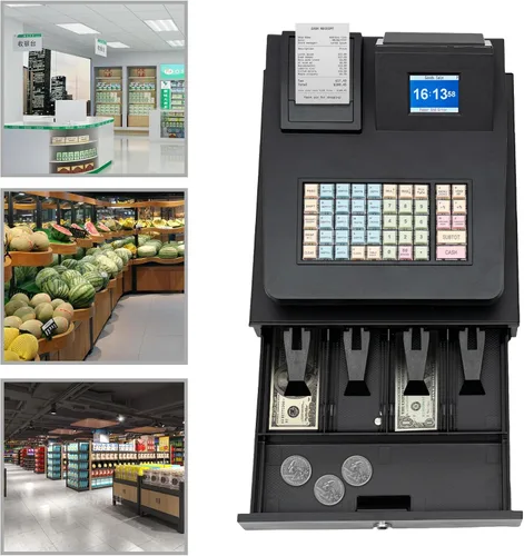 Vista 8 de Caja registradora electrónica 48Keys Registro Negro Caja de supermercado Quiosco Retail Pos Sistema Caja Registradora 8 Pantalla LED Digital Caja