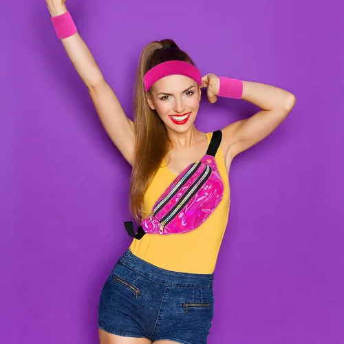 Vista 2 de ONUPGO Calentadores de piernas para mujer, accesorios de disfraces de los años 80, riñonera holográfica, calentadores de piernas de neón de punto