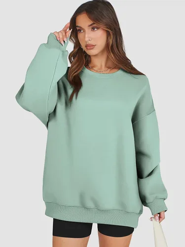 Vista 3 de ATHMILE Sudadera de gran tamaño para mujer, cuello redondo, forro polar, manga larga, sudaderas con capucha, tops de otoño, ropa de moda 2025