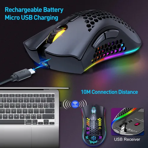 Vista 2 de Mouse inalámbrico ligero para juegos, mouse inalámbrico recargable de 2.4 G con carcasa de panal de abeja, 7 botones, DPI ajustable, receptor USB