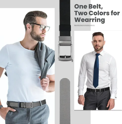 Vista 3 de Cinturones de trinquete de liberación rápida para hombre, cinturón de nailon reversible dos en uno para hombre casual y vestido deportivo