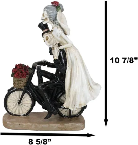 Vista 2 de Ebros Gift Día de los muertos Recién casados Recién casados Esqueletos de boda Novia y novio Pareja montar bicicleta antigua con rosas Cesta