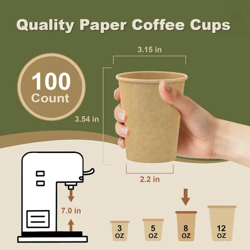 Vista 3 de Paquete de 100 tazas de café desechables de 8 onzas, tazas de papel desechables de color marrón a granel, tazas de café para té caliente, chocolate