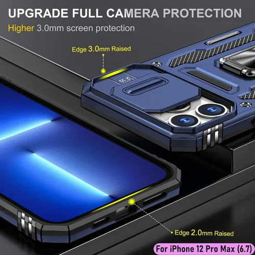 Vista 6 de Funda resistente para Apple iPhone 12 Pro Max, protector híbrido de goma de doble capa de grado militar con protector de cámara deslizante, soporte