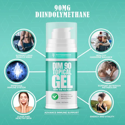 Vista 4 de Phytogenesis DIM 90 - Suplemento dim de máxima fuerza gel tópico - 90 mg de diindolilmetano natural (DIM) por porción - Soporte hormonal, cognitivo