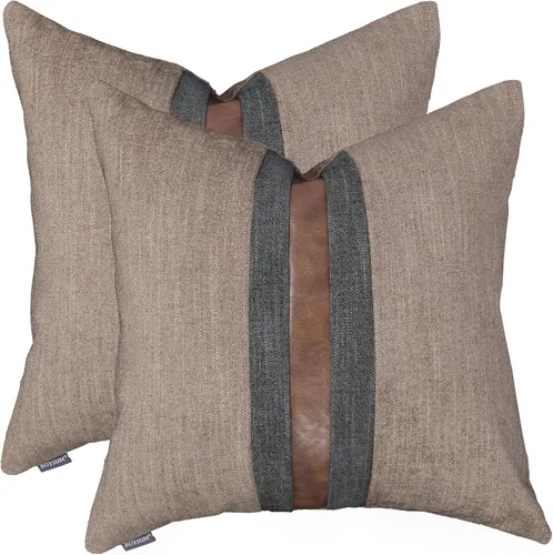 Vista 10 de Juego de 2 fundas de almohadas decorativas de cuero, decoración de exteriores, lino con parches, almohadas de cuero sintético marrón, funda