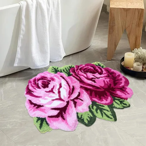 Vista 17 de USTIDE Bonita alfombra de baño de rosas para baño, alfombra de baño naranja de lujo, antideslizante, con forma de flor, alfombra de ducha de felpa