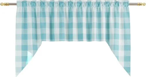 Vista 122 de Cenefas de cortina para ventana de 16 pulgadas de largo, 2 paneles de cuadros búfalo, cortinas pequeñas con bolsillo para barra, estilo clásico