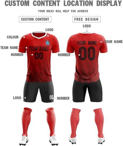 Vista 4 de Uniforme de camiseta de fútbol personalizado para hombres, mujeres, niños, camisa y pantalones cortos personalizados con número de nombre