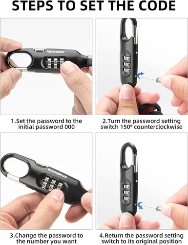 Vista 6 de Rockbros - Cable de bloqueo para bicicleta, 5 pies, combinación preestablecida, color negro ligero 3-Digit Combo Keyless, 4.86oz Ultra-Light, Zinc